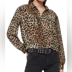 AllSaints Sheer Adeliza Leppo Leopard Print Boxy Bomber Cropped Blouse Size XS